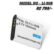 "Replacement OLY.LI-90B Li-ion battery, 1500mAh 3.7V, showing gold contact pins and white casing."