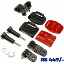 “Action camera mounting accessories including GoPro flat and curved adhesive bases with screws and extension arms”