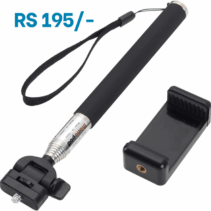 "Black, compact, and extendable selfie stick monopod with a ribbed handle and a separate universal spring-loaded smartphone holder."