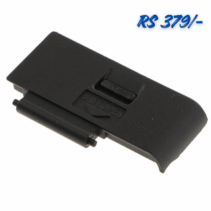 Black plastic replacement battery door cover for a Canon EOS 600D, showing the hinge on the left and a small embossed 'OPEN' indicator on the latch mechanism."