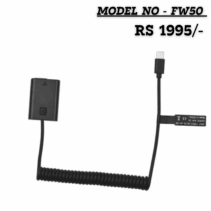 FW-50 Dummy Battery with coiled cord and USB Type-C power adapter. The text reads 'MODEL NO - FW50' and 'RS 1995/-'.