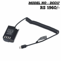 DMW-DCC17 Dummy Battery DC Coupler with coiled Type-C PD cable, providing 8.4V output. Model DCC17, priced at RS 1960/-, used for continuous camera power.