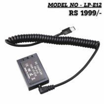 Canon LP-E12 Dummy Battery DC Coupler with USB-C cable for continuous power supply. Compatible with EOS M, M50, and M100 cameras. Model LP-E12, RS 1999.