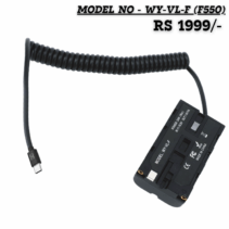 Dummy battery adapter, model WY-VL-F (F550), featuring an NP-F550 battery plate connected to a coiled cable with a USB Type-C connector. Text overlays indicate the price (RS 1999/-) and model number. The device provides 7.4V output for continuous power to cameras, monitors, or LED lights.