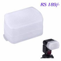 That is an image of a flash diffuser (often called a flash bounce or softbox for on-camera flash) with a price tag of RS 189/- (Indian Rupees). A flash diffuser is a translucent cover that fits over the flash head of a camera. Its main purpose is to soften and spread the light from the flash, which helps to: Reduce harsh shadows. Prevent overexposure on the subject. Create a more even and flattering light for portraits and close-up photography. In the bottom right corner, you can see an example of the diffuser mounted on a camera's speedlight/flash unit.