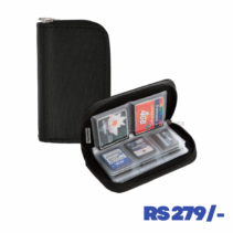 Compact black fabric zippered storage case with a silver zipper pull, shown closed.