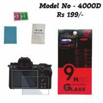 "Canon EOS 4000D 9H Tempered Glass Screen Protector kit showing the glass overlaying a camera LCD screen, along with cleaning wipes, a microfiber cloth, and the red/black retail packaging highlighting features like 9H hardness, explosion proof, and smudge proof. Model No - 4000D, Price Rs 199/-."
