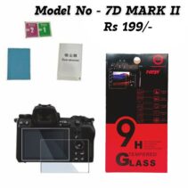 Product image for a 9H Tempered Glass Screen Protector designed for the Canon EOS 7D Mark II camera. The image shows the protector packaging (highlighting features like 9H hardness, smudge proof, explosion proof, and bubble-free installation) next to a Canon DSLR camera with the protective glass being applied to the rear LCD screen. The text overlays the image stating the product is "Model No - 7D MARK II" and the price is "Rs 199/-".