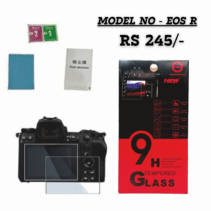 9H Hardness Tempered Glass Screen Protector kit for Canon EOS R camera, priced at RS 245/-. The image displays the red retail packaging detailing features like '9H Hardness' and 'Bubble Free,' alongside the included cleaning accessories (wet/dry wipes, microfiber cloth), and the screen protector itself.