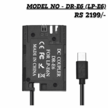Canon DR-E6 DC Coupler / LP-E6 dummy battery with USB-C connector for continuous power, showing "MADE IN CHINA," "CE FC RoHS," and "FOR LP-E6N."