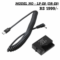 Canon LP-E8 (DR-E8) Dummy Battery DC Coupler with coiled cable and USB Type-C connector for continuous camera power. Price RS 1999/-.