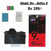 GoPro 9 Tempered Glass screen protector kit, 9H Hardness, displayed with the retail box (Rs 299/-) and application accessories next to a camera body showing the screen guards applied.