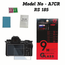 Camera screen protector kit for A7CR model, showing 9H tempered glass, cleaning cloth, dust wipes, and retail packaging.