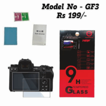 Camera screen protector kit with 9H tempered glass, cleaning cloth, and dust removal stickers.