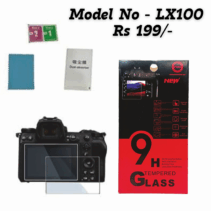 9H tempered glass screen protector for camera (Model LX100) shown with camera, packaging, and cleaning kit for Rs 199.