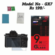 Tempered glass screen protector for camera LCD, showing Model No - GX7, price Rs 199/-, and contents including cleaning wipes.