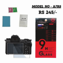 H Tempered Glass Screen Protector kit for the Sony Alpha A7R V (A7R5) camera, showing the glass screen shield overlayed on the camera's LCD, packaging, and cleaning wipes. Model No. A7R5, priced at RS 245/-