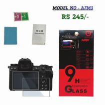 9H Tempered Glass Screen Protector kit for Sony a7 III (A7M3), showing the protector glass, packaging, microfiber cloth, and dust absorber.