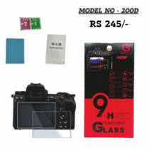 9H Tempered Glass Screen Protector kit for Canon EOS 200D camera, showing the retail box, cleaning supplies, and the glass applied to a camera screen.