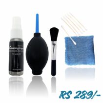 Clean Master 5-in-1 camera cleaning kit with air blower, cleaning liquid, brush, and microfiber cloth for DSLR lenses.