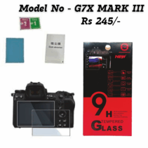 Boxed 9H Tempered Glass Screen Protector set displayed next to a Canon G7X Mark III camera body with the protective glass being applied to the rear LCD screen. The product title reads "Model No - G7X MARK III Rs 245/-" and the packaging highlights features like 9H strong hardness, bubble-free installation, and explosion proof protection.