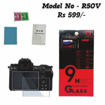 Tempered glass screen protector kit (Model R50V) for camera LCD, showing 9H hardness and installation accessories.
