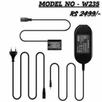 "MODEL NO - W235 Dummy Battery Charger Kit and AC Power Adapter for Fujifilm cameras. The kit includes the AC adapter brick, a long power cord with an EU plug, and a DC coupler (dummy battery)."