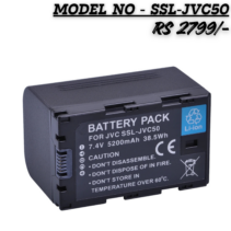 SSL-JVC50 7.4V 5200mAh Lithium-Ion Battery Pack for JVC Camcorders showing technical specifications and safety cautions.