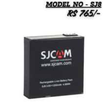 Official SJCAM SJ8 rechargeable Li-ion battery pack, 1200mAh 3.8V 4.56Wh, compatible with SJ8 Pro, Plus, and Air action cameras. Shown on a black casing with model number SJ8 and price Rs 765/-.