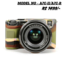 Camouflage silicone protective camera case for Sony A7C-II and A7C-R with lens attached.