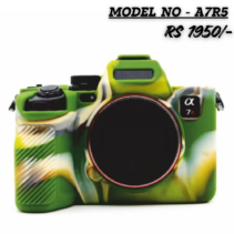 Military Green Camo silicone protective skin cover shown on a Sony Alpha A7R V mirrorless camera body. The price (Rs 1950) and model number (A7R5) are overlaid.