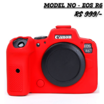 Red silicon protective case for a Canon EOS R6 mirrorless camera, shown from the front. The case features a non-slip grip texture, and the text "MODEL NO - EOS R6 RS 999/-" is overlaid on the image.