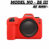 "A vibrant red silicone protective case covering a Nikon Z6 III mirrorless camera body, shown against a white background. The text overlay reads 'MODEL NO - Z6 III' and 'RS 1099/-'."