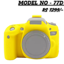 Bright yellow silicone protective cover designed for a Canon DSLR camera. The image shows the front view of the case, which has a grey lens area and embossed '77D' text. Overlay text reads 'MODEL NO - 77D' and 'RS 1299/-'.