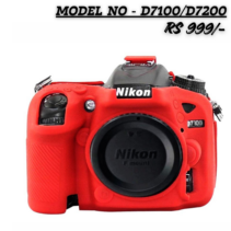A vibrant red silicone protective skin covering a black Nikon DSLR camera body (compatible with D7100 and D7200 models). The camera lens cap is on, and the text overlay shows "MODEL NO - D7100/D7200 RS 999/-".