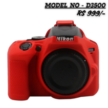 Red silicone protective camera case for Nikon D3500 DSLR camera. The text overlay reads "MODEL NO - D3500" and "RS 999/-".