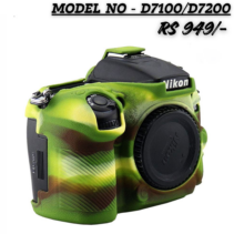 Military green camo silicone cover for Nikon D7100/D7200 DSLR camera showing the side and top dials, priced at Rs 949/-.