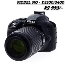 Black silicone protective camera case cover designed specifically for the Nikon D3300/D3400 DSLR camera models. The image shows the case covering a black Nikon camera with a lens attached. Text overlay states "MODEL NO - D3300/3400" and "RS 999/-".