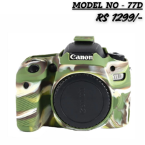 Military Green camouflage pattern. The lens cap, also bearing the "Canon" logo, is black. Text overlaid on the image reads "MODEL NO - 77D" and the price "RS 1299/-". The case is designed to protect the camera body.