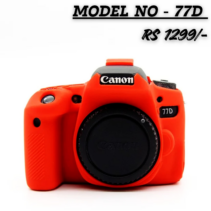 Red silicone protective camera case for Canon 77D, shown on a white background. The image clearly displays the camera cover and the text "MODEL NO - 77D" and "RS 1299/-".
