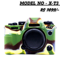 Silicone protective camera case in a military green camouflage pattern, designed specifically for the FUJIFILM X-T3 camera. The case covers the camera body, leaving the lens opening and controls accessible. Text on the image reads: 'MODEL NO - X-T3' and 'RS 1499/-'.