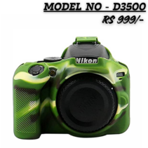 The image displays a Nikon D3500 DSLR camera fitted with a Military Green Camouflage silicone protective case. The text above the image reads "MODEL NO - D3500" and "RS 999/-". The silicone cover provides full protection to the camera body, showing the lens cap attached and the 'Nikon' logo visible on the grip.