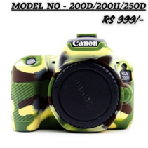 Military Green Camouflage silicone protective cover for Canon EOS 200D, 200II, and 250D DSLR cameras. Priced at ₹999.