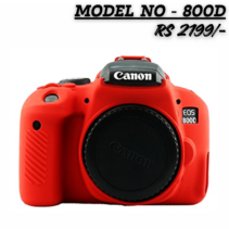 Red silicone protective case covering a Canon EOS 800D DSLR camera, with the model number 800D and price Rs 2199/- overlaid on the image.