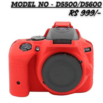 Alt Text: Red silicone protective camera case cover custom-fitted for Nikon D5500 and D5600 DSLR cameras, showing front view with lens cap.