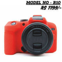 Red silicone protective skin cover for Canon EOS R10 mirrorless camera, custom-fit rubber case featuring textured grip and precision cutouts for buttons and dials.