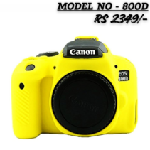 Yellow silicone protective case fitted on a Canon EOS 800D DSLR camera body with a black lens cap.