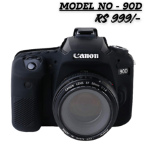 "Canon 90D silicone camera skin in matte black, model number 90D, priced at RS 999."