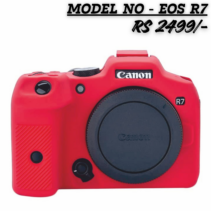 A Canon EOS R7 camera body encased in a bright red, form-fitting silicone protective case. The text above the camera reads "MODEL NO - EOS R7" and "RS 2499/-".