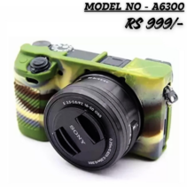 Military green camouflage silicone protective cover fitted on a Sony A6300 mirrorless camera with a 16-50mm lens. Text at the top reads "MODEL NO - A6300" and "RS 999/-".